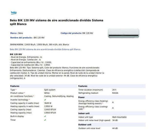 Aire Acondicionado Beko Blanco