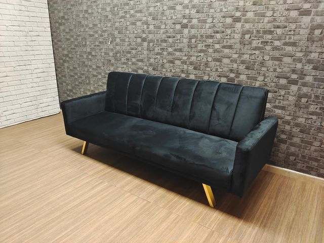 Sofá 3 Plazas Negro Terciopelo Moderno