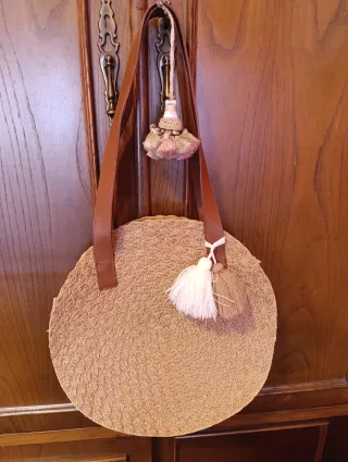 Bolso Rafia Redondo Beige y Marrón