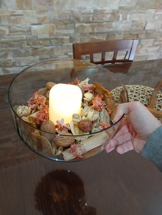 Centro de mesa cristal y madera