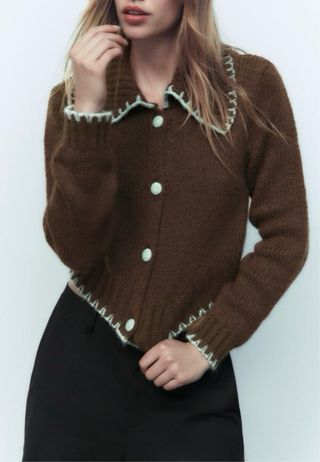 Cárdigan Zara marrón con cuello Peter Pan