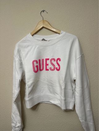 Sudadera Guess Blanca Logo Rosa