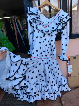Vestido Flamenco Blanco Lunares Negros