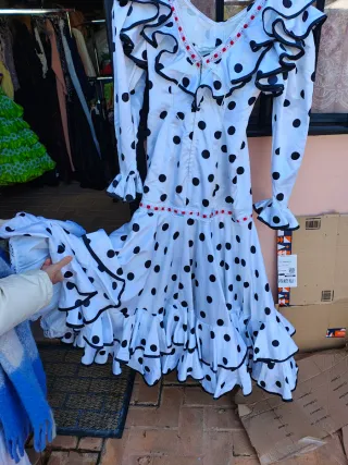 Vestido Flamenco Blanco Lunares Negros