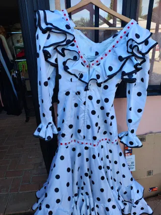 Vestido Flamenco Blanco Lunares Negros