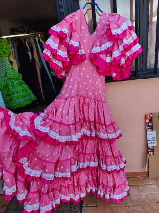 Traje Flamenca Rosa Lunares Blancos Talla Única