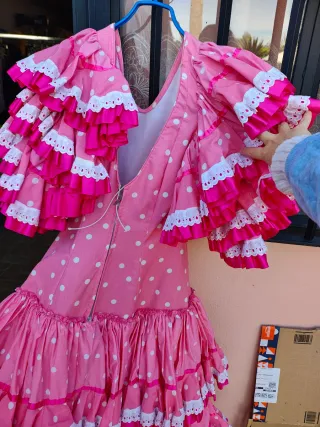 Traje Flamenca Rosa Lunares Blancos Talla Única