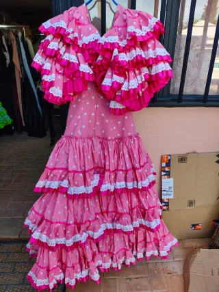 Traje Flamenca Rosa Lunares Blancos Talla Única