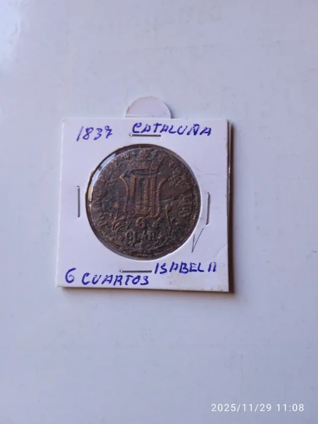 Isabel II 1837 Cataluña 6 cuartos
