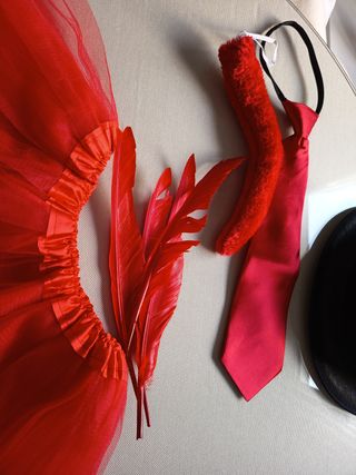 Falda, sombrero y corbata.