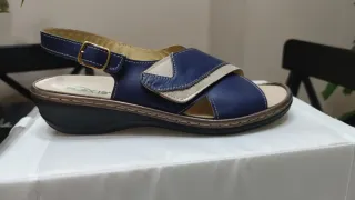 Sandalias Plexis Piel Azul Marino y Dorado