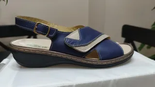 Sandalias Plexis Piel Azul Marino y Dorado