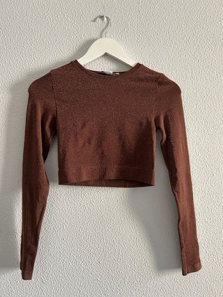 Top brillante marrón S
