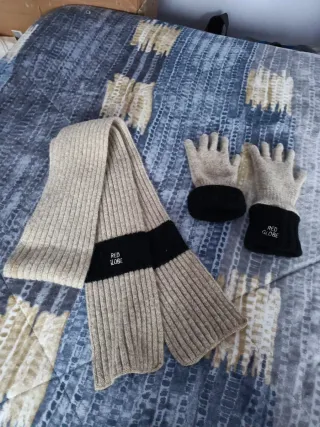 Conjunto bufanda y guantes lana beige/negro