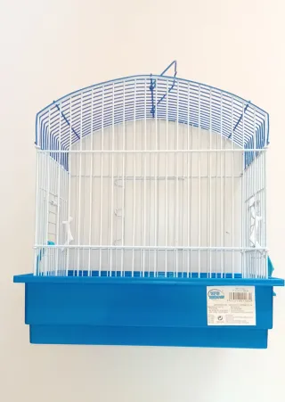 Jaula para pájaros azul y blanca