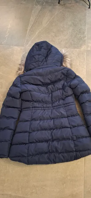 Parka larga azul marino con capucha mujer