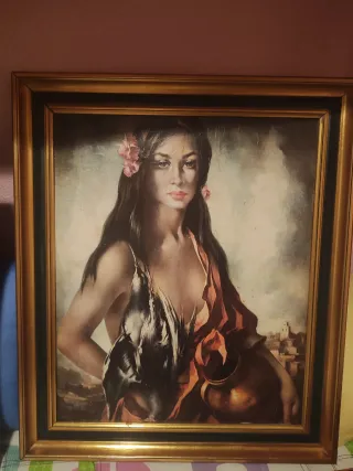 Cuadro mujer con flores y pájaros antiguo