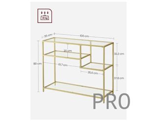 VASAGLE Tavolo Consolle, Tavolo Ausiliare, Vetro Temperato, Struttura in Metallo, con Ripiani, 35 x 100 x 80 cm, Moderno, per Corridoio, Soggiorno, Color Oro LGT022A61