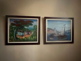 Quadro nautico con barche e case. Pittura ad olio.