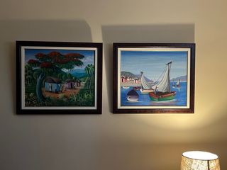 Quadro nautico con barche e case. Pittura ad olio.