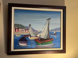 Quadro nautico con barche e case. Pittura ad olio.