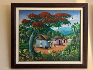 Quadro nautico con barche e case. Pittura ad olio.