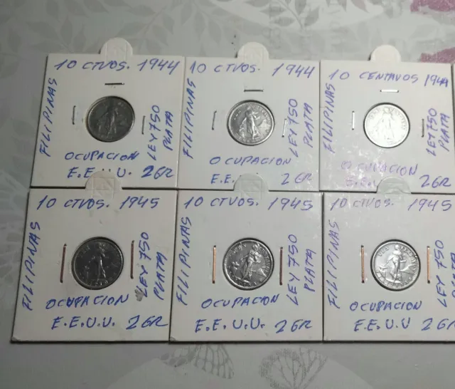 Lotto di 6 monete da 10 centavos filippine del 1944 e 1945