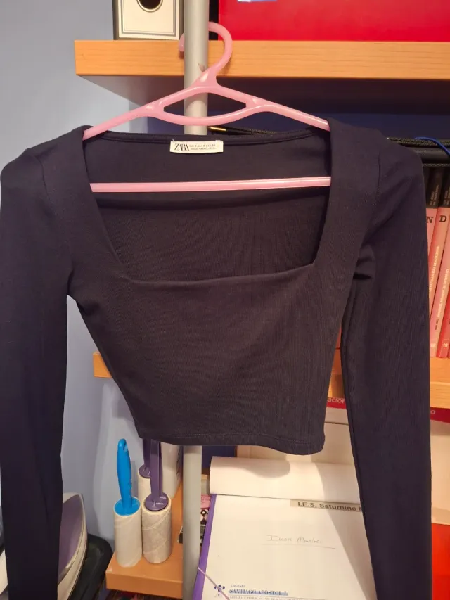 Top Zara manga longa gola quadrada preto