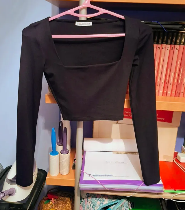 Top Zara manga longa gola quadrada preto