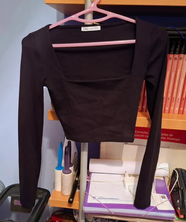 Top Zara manga longa gola quadrada preto