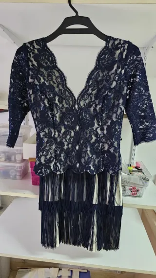 Vestido cóctel encaje azul y blanco