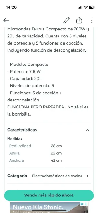 Microondas Taurus Compacto 20L