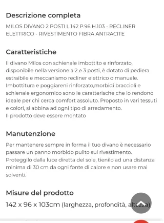 Divano Milos 2 posti reclinabile elettrico