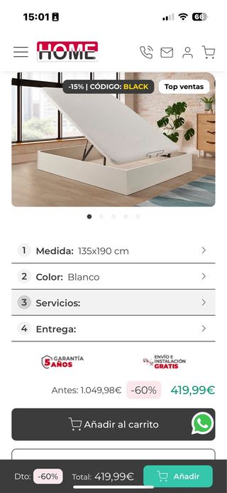 Canapé abatible blanco de 135x190