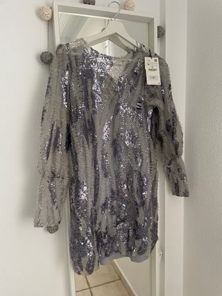 Vestido Zara lentejuelas gris talla M