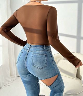 Top encaje marrón manga larga