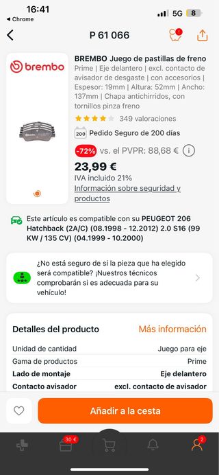 Discos y Pastillas Delanteras Peugeot 206 GTI