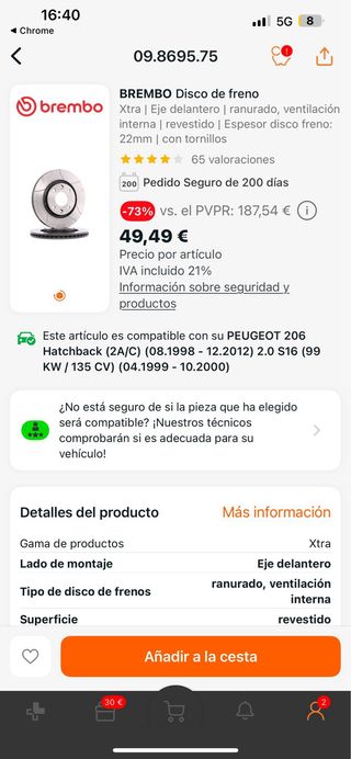 Discos y Pastillas Delanteras Peugeot 206 GTI