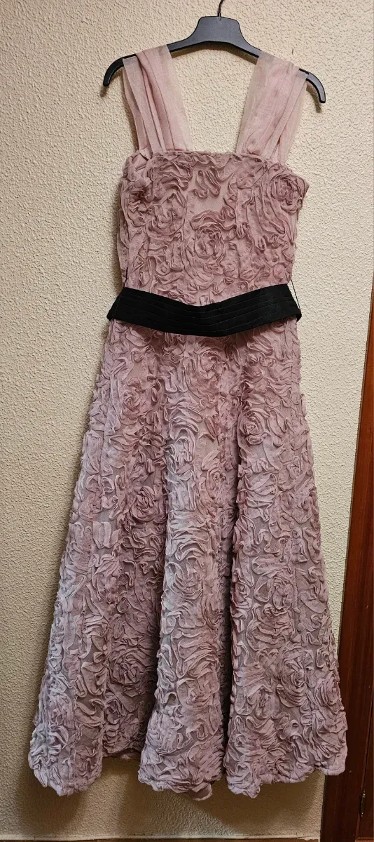 Vestido largo gasa con flores fantasía,forro y tul