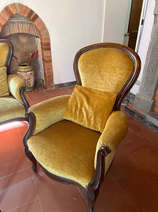 2 Poltrone Vintage Velluto Ocra Legno