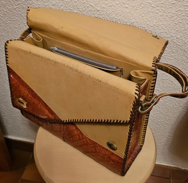 Bolso Piel Auténtica Cocodrilo Beige/Marrón