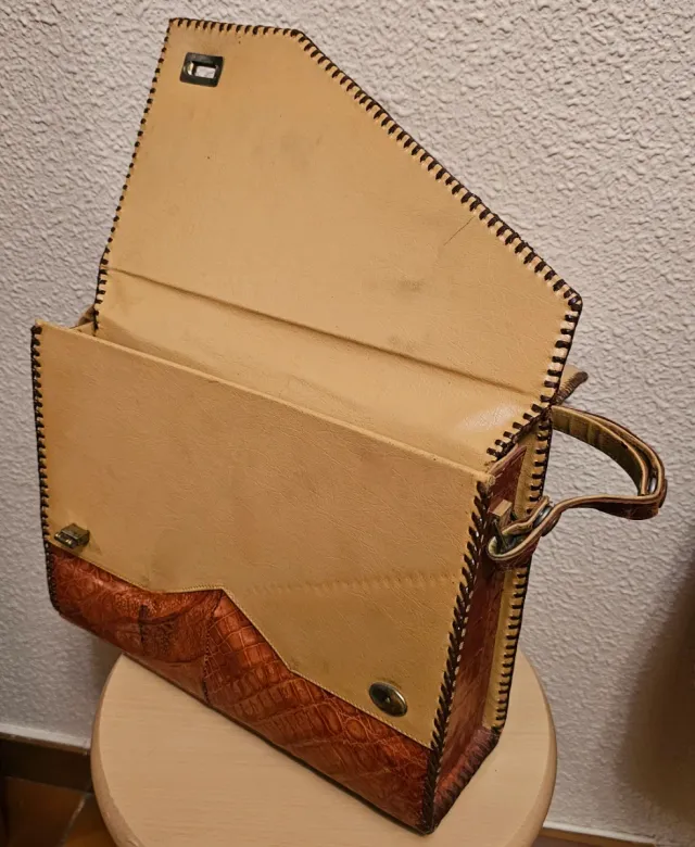 Bolso Piel Auténtica Cocodrilo Beige/Marrón