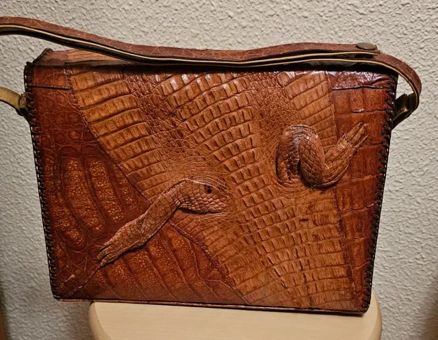 Bolso Piel Auténtica Cocodrilo Beige/Marrón