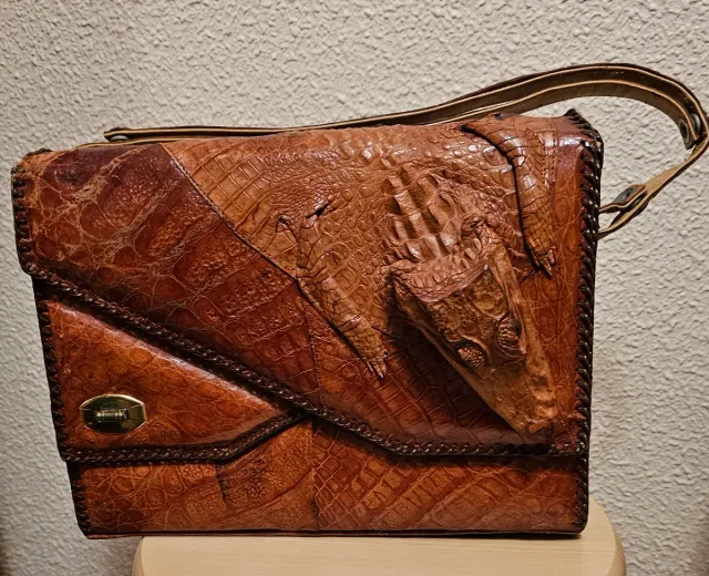 Bolso Piel Auténtica Cocodrilo Beige/Marrón