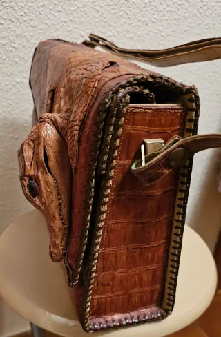 Bolso Piel Auténtica Cocodrilo Beige/Marrón
