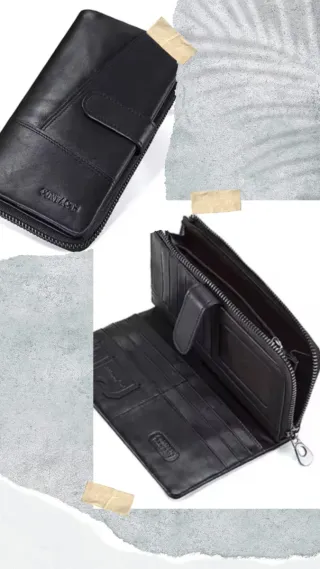 Billetera Larga de piel auténtica, contac.