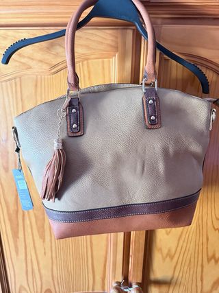 Bolso polipiel beige y marrón