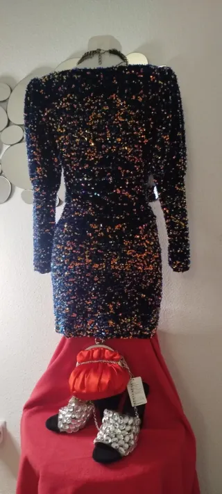 Vestido fiesta lentejuelas negro multicolor