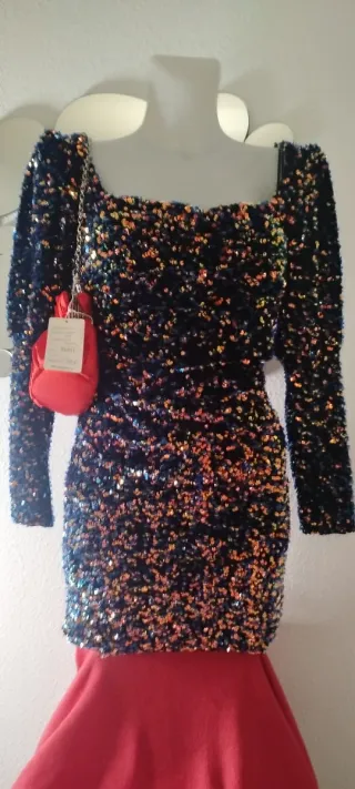 Vestido fiesta lentejuelas negro multicolor