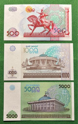 Banconote Uzbekistan 500, 1000, 5000 Sum